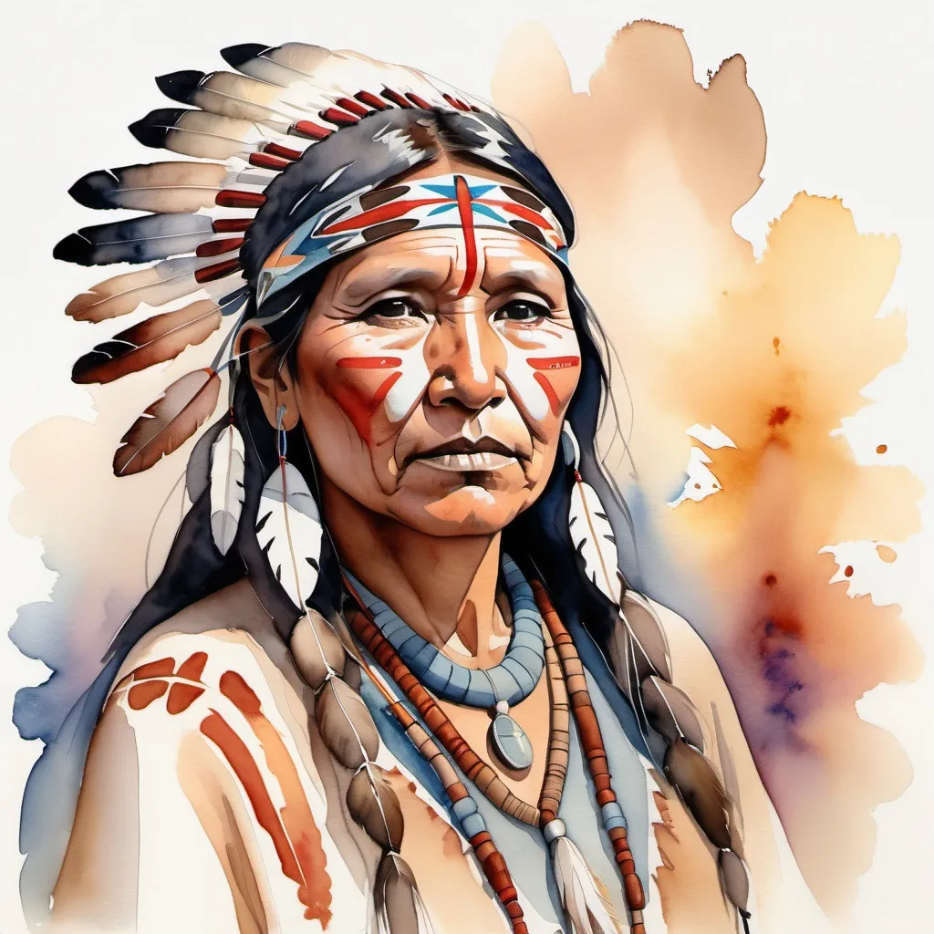 Prompt: A native American medicine woman painted in watercolor, with soft, flowing washes of color creating a gentle and caring atmosphere.