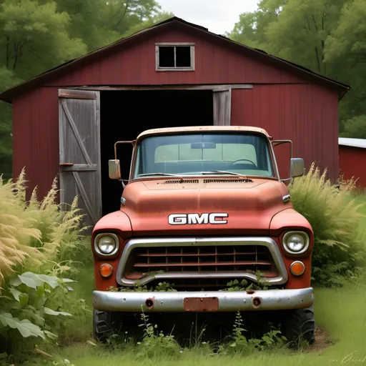 Prompt: Open lush field old rusted gmc red pickup in old shed