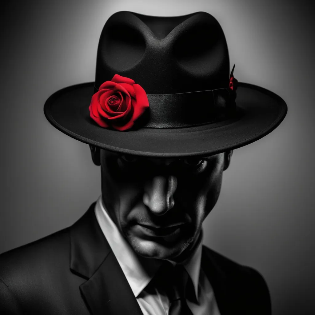 Prompt: Sagoma nera di mafioso americano con cappello nero, una rosa di colore rosso  messa nel taschino, sguardo inquietante e misterioso, posizione del corpo leggermente di lato, sfondo nero,  viso deve essere parzialmente coperto dal cappello