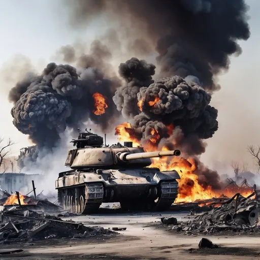 Prompt: War zone, destruction everywhere, fire and smoke, dilapidated tank in the middle of the battlefield