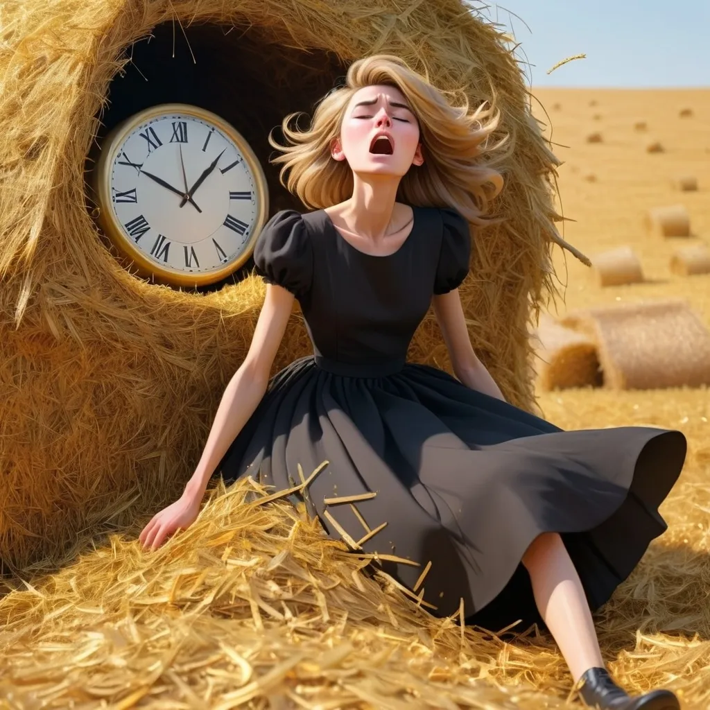 Prompt: Androgynous person in a dress falling into a big pile of golden hay. Clocks are melting.