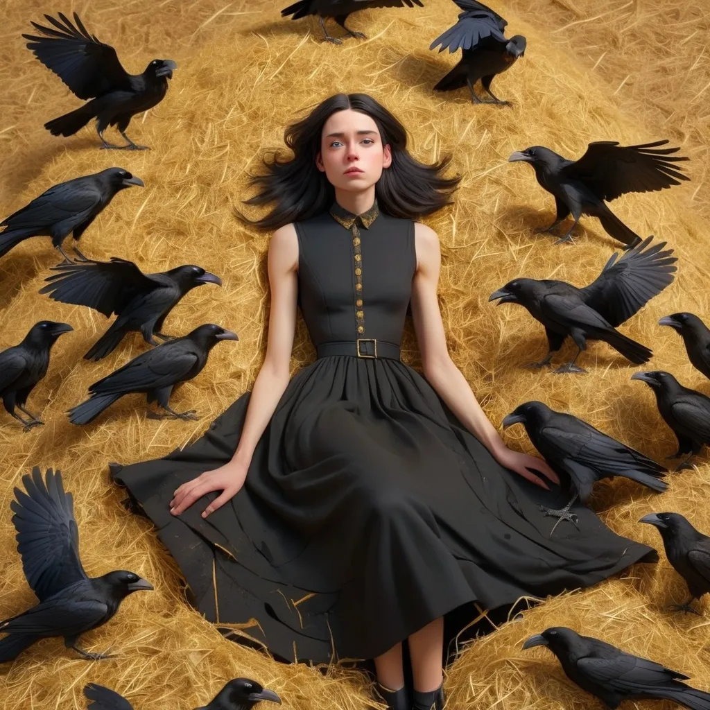 Prompt: Bird’s eye view of an androgynous person in a dress fallen in a big pile of golden hay. There are some ravens seated next to the person.