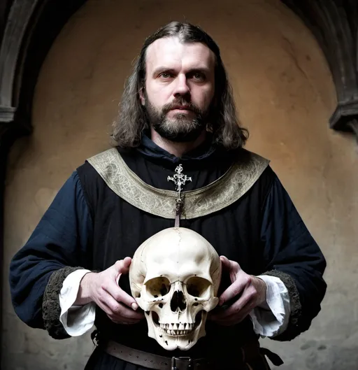 Prompt: Man in medieval attire holding a skull