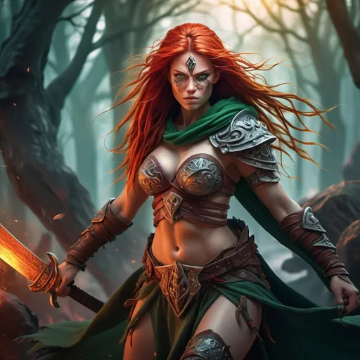 Prompt: Barbarian warrior princess, (dynamic pose), surrounded by a mystical atmosphere, (vibrant color palette), exuding a magical essence, intricately detailed features like flowing red hair and fierce green eyes, a highly textured warrior outfit, mysterious hooded cloak, wielding a fiery emblazoned sword, ultra-detailed, (dynamic scene), cinematic flair, otherworldly landscape backdrop, enchantingly vivid colors, adrenaline-fueled energy captured in motion.