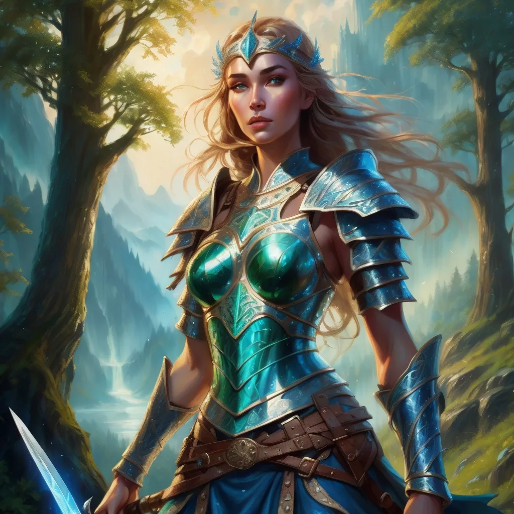 Prompt: Highly detailed fantasy style art. Warrior Queen with beautiful Saxon facial features, wearing intricate blue leather armour, pulling an emerald infused sword from her back, standing in an enchanted forest, ethereal light shimmering through the trees, steep rugged mountains in the background .