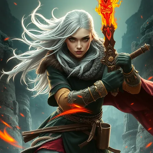 Prompt: Barbarian warrior princess (Beautiful European girl), (dynamic pose), surrounded by a mystical atmosphere, (vibrant color palette), exuding a magical essence, intricately detailed features like flowing white hair and fierce green eyes, a highly textured warrior outfit, mysterious hooded cloak, wielding a fiery emblazoned sword, ultra-detailed, (dynamic scene), cinematic flair, otherworldly landscape backdrop, enchantingly vivid colors, adrenaline-fueled energy captured in motion.