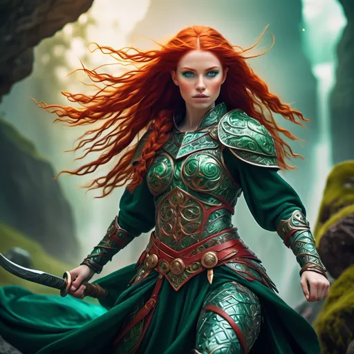 Prompt: Danish warrior princess, (dynamic pose), surrounded by a mystical atmosphere, (vibrant color palette), exuding a magical essence, intricately detailed features like flowing red hair and fierce green eyes, a highly textured warrior outfit, ultra-detailed, (dynamic scene), cinematic flair, otherworldly landscape backdrop, enchantingly vivid colors, adrenaline-fueled energy captured in motion.