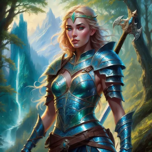 Prompt: Highly detailed fantasy style art. Warrior Queen with beautiful Saxon facial features, wearing intricate blue leather armour, pulling an emerald infused sword from her back, standing in an enchanted forest, ethereal light shimmering through the trees, steep rugged mountains in the background .