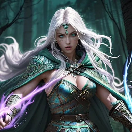 Prompt: Barbarian warrior princess (Beautiful European girl), (dynamic pose), surrounded by a mystical atmosphere, (vibrant color palette), exuding a magical essence, intricately detailed features like flowing white hair and fierce green eyes, a highly textured warrior outfit, mysterious hooded cloak, wielding a fiery emblazoned sword, ultra-detailed, (dynamic scene), cinematic flair, otherworldly landscape backdrop, enchantingly vivid colors, adrenaline-fueled energy captured in motion.