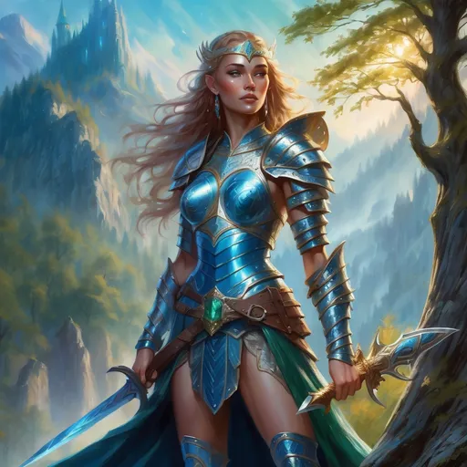 Prompt: Highly detailed fantasy style art. Warrior Queen with beautiful Saxon facial features, wearing intricate blue leather armour, pulling an emerald infused sword from her back, standing in an enchanted forest, ethereal light shimmering through the trees, steep rugged mountains in the background .