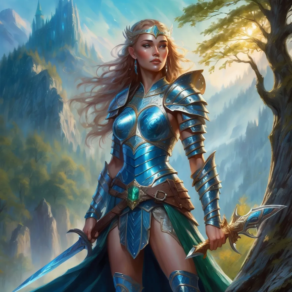 Prompt: Highly detailed fantasy style art. Warrior Queen with beautiful Saxon facial features, wearing intricate blue leather armour, pulling an emerald infused sword from her back, standing in an enchanted forest, ethereal light shimmering through the trees, steep rugged mountains in the background .