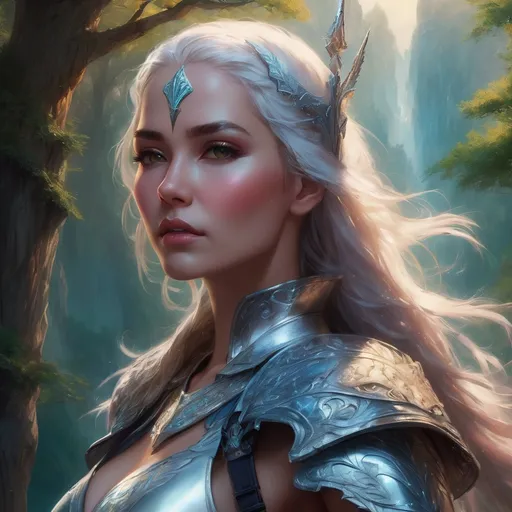 Prompt: Highly detailed fantasy art, (Warrior Queen), beautiful facial features, light blush, white hair, intricate blue leather armor, pulling emerald-infused sword, enchanted forest backdrop, ethereal light shimmering through trees, steep rugged mountains in the background, mystical atmosphere, vibrant color palette, dynamic pose, magical essence, ultra-detailed, cinematic flair.