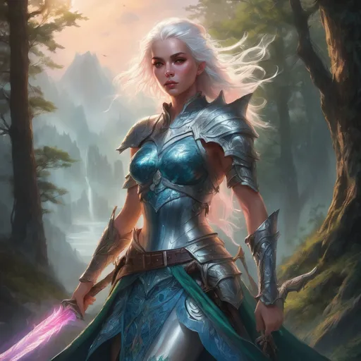 Prompt: Highly detailed fantasy art, (Warrior Queen), beautiful facial features, light blush, white hair, intricate blue leather armor, pulling emerald-infused sword, enchanted forest backdrop, ethereal light shimmering through trees, steep rugged mountains in the background, mystical atmosphere, vibrant color palette, dynamic pose, magical essence, ultra-detailed, cinematic flair.