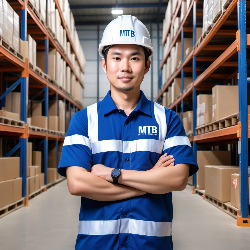 Prompt: a 4d asian male employee wearing a safety hat aged 35 years. Wearing a blue and white uniform that says MTB, full body, technical equipment warehouse background. Holding sigmat