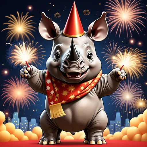 Prompt: Create an Cute Baby Rhino which is celebrating New Year's Eve with rockets in the background and fireworks
