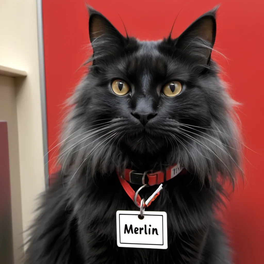 Prompt: A medium long haired black cat that has grey fur in the front, with a red collar, sitting next to a name tag with "Merlin" on it.