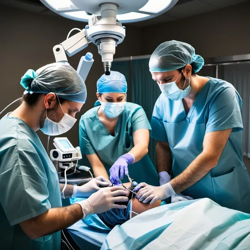 Prompt: A surgical team in an OR performing an ENT surgery with an endoscopy system.