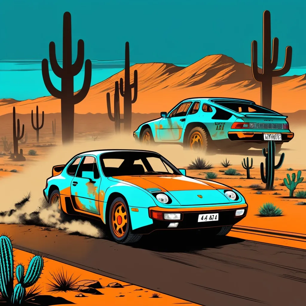 Prompt: Silk screen comic illustration, cyberpunk style, porsche 944, 944, wasteland, desert scene, cactus, futuristic, turquoise, orange, dark, brown, yellow, grey, apocalyptic, road warrior, desert racing, race car, car, Porsche 944, dust, dirt, evening, dark background, 1960s retro futurism