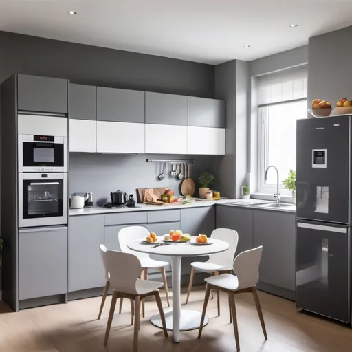 Prompt: Concepts of the kitchen, grey and white drawers cupboards, mini dining table with high chairs, cooker freezer freeze, dish washer, kettle microwave 