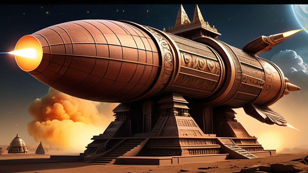 Prompt: ''' Design dynamic animated photorealistic scene that depicts a rocket pushpaka vimana as a masterpiece of advanced ancient technology.
 The chariot-rocket should feature intricate mechanisms and glowing, energy-infused elements. The design should suggest both a deep connection to ancient
 architectural traditions and the possibility of advanced, hidden technology, with mysterious glowing symbols and energy fields surrounding it, 
 jagged edges and chaotic energy bursts surrounding it. the scene is both beautiful and unsettling . ``` /* rkt.rpvB.dv1 */