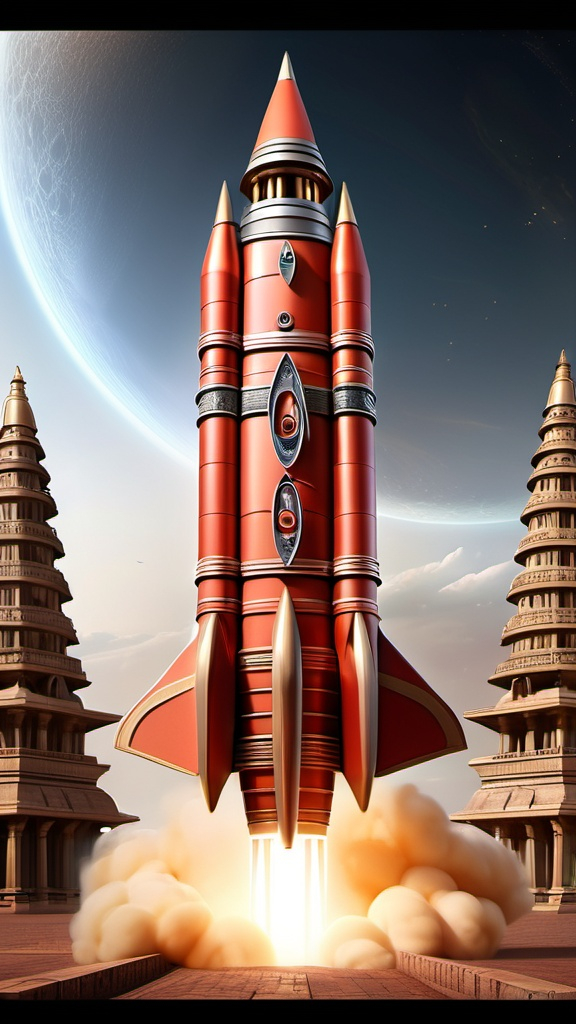 Prompt: ''' Design dynamic animated photorealistic scene that depicts a rocket pushpaka vimana as a masterpiece of advanced ancient technology.
 The chariot-rocket should feature intricate mechanisms and glowing, energy-infused elements. The design should suggest both a deep connection to ancient
 architectural traditions and the possibility of advanced, hidden technology, with mysterious glowing symbols and energy fields surrounding it, 
 jagged edges and chaotic energy bursts surrounding it. the scene is both beautiful and unsettling . ``` /* rkt.rpvB.dv1 */