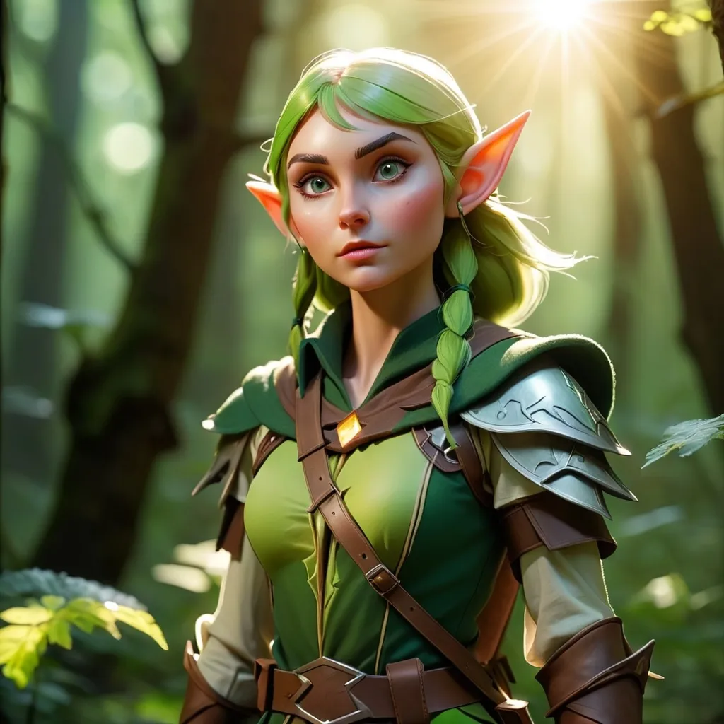 Prompt: Elf ranger in a mystical forest around sunlight