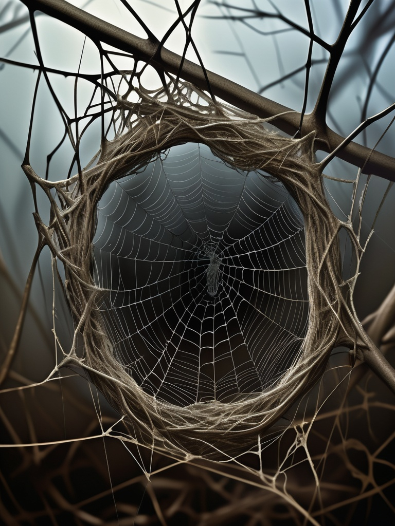 Prompt: (spider nest), intricate webbing with delicate, shimmering threads, surrounded by soft, ambient light, dark and eerie atmosphere, detailed textures of the nest, contrasting shadows, natural elements like leaves and twigs intermingled, high resolution, ultra-detailed, dappled lighting creating a mystical vibe, evoking curiosity and slightly unsettling emotions.