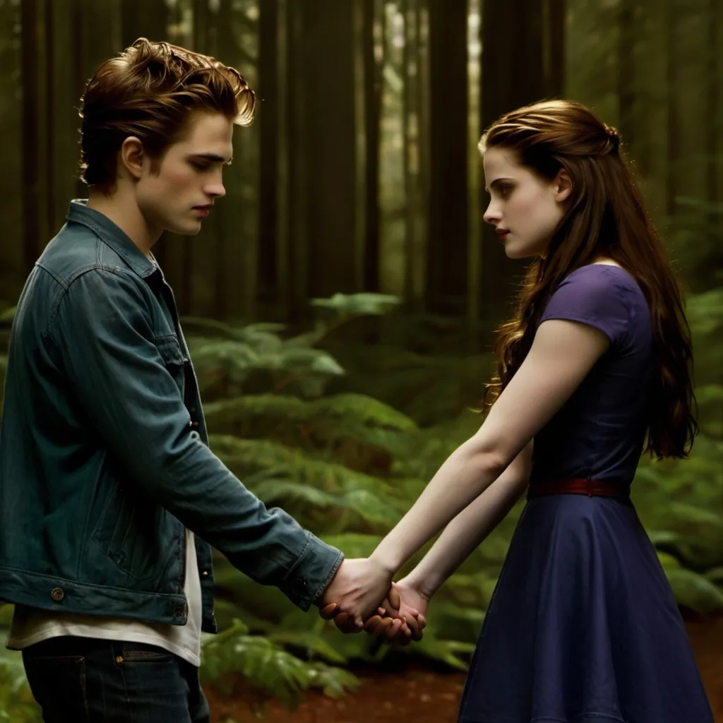 Prompt: bella and edward frrom twilight holding hands