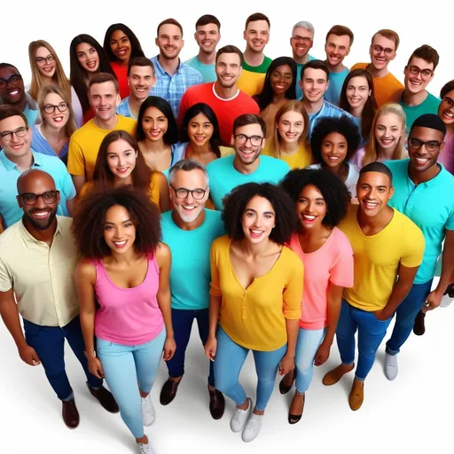 Prompt: (multi-diverse people with "?" on their shirts), an array of outfits, vibrant colors, cheerful expressions, overlapping shadows, dynamic composition, casual gathering, warm and inviting atmosphere, high quality, 4K resolution, richly detailed surroundings, soft lighting highlighting the diverse group, emphasizing inclusion and curiosity.