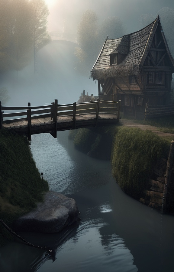 Prompt: small settlement, foggy, bridge and river, dramatic fantasy settlement scene, cinematic lighting, mythical medieval