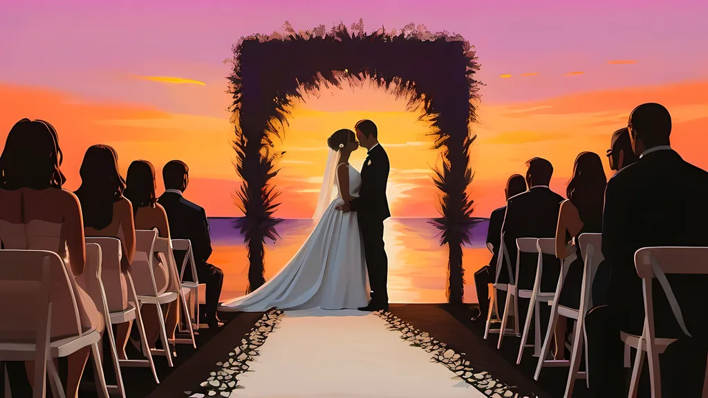 Prompt: A painted background of a wedding in a sunset