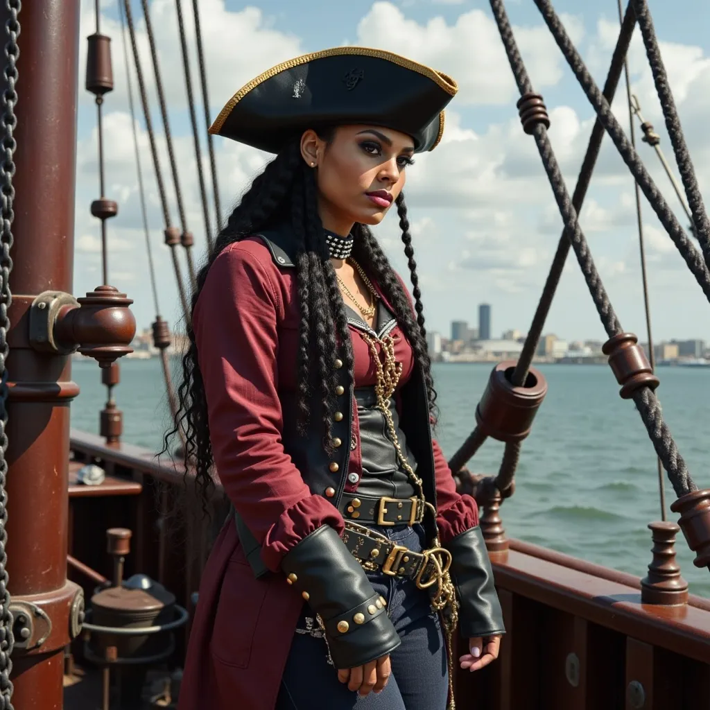 Prompt: A  pirate captain leans over the side of her steampunk pirate ship.