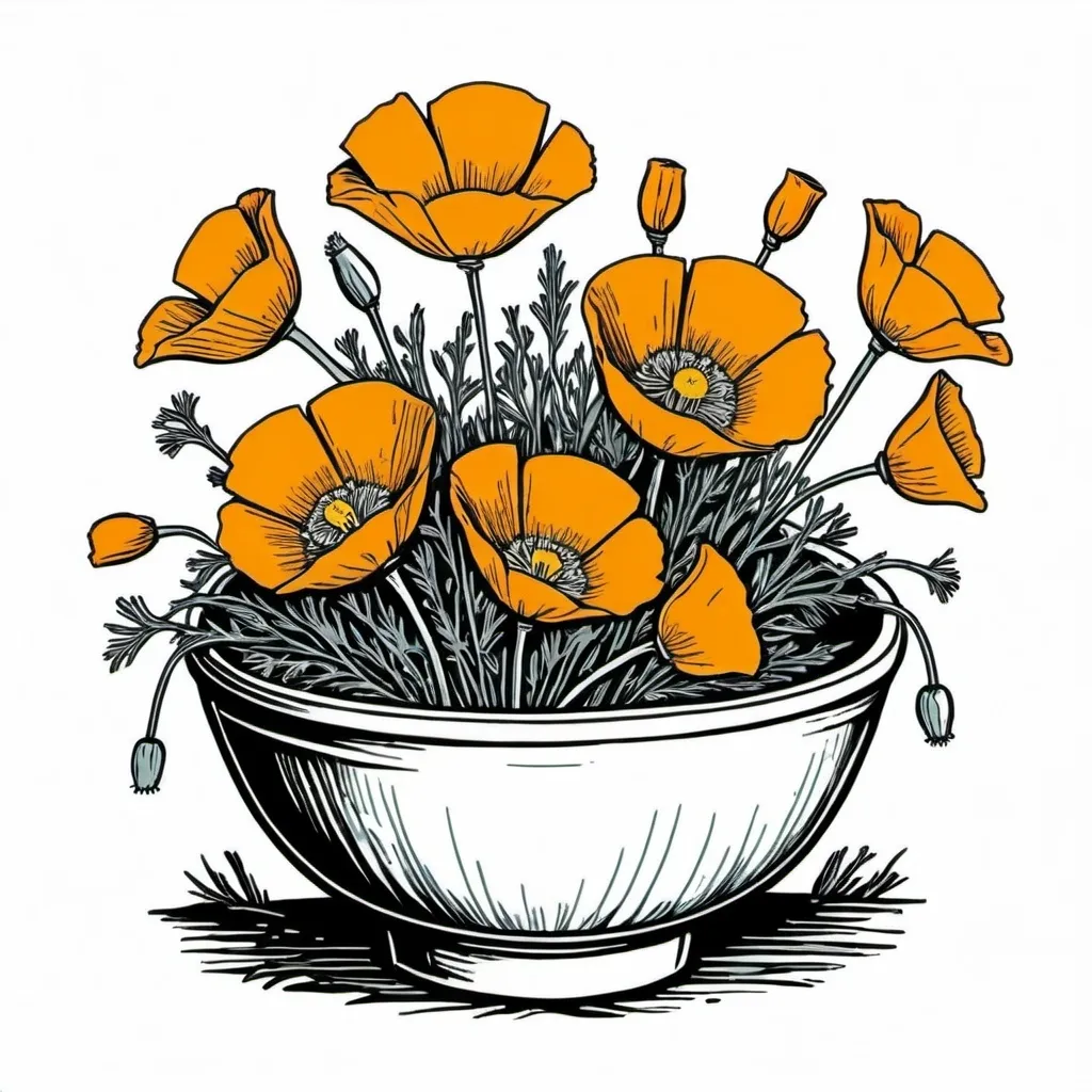 Prompt: a linocut of a bowl filled with California poppies