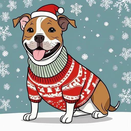 Prompt: cute christmas staffy dog in a jumper smiling cartoon