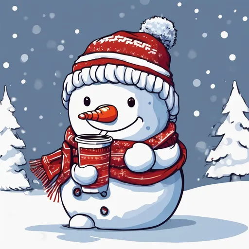 Prompt: snowman drinking hot chocolate in a scarf cute christmas