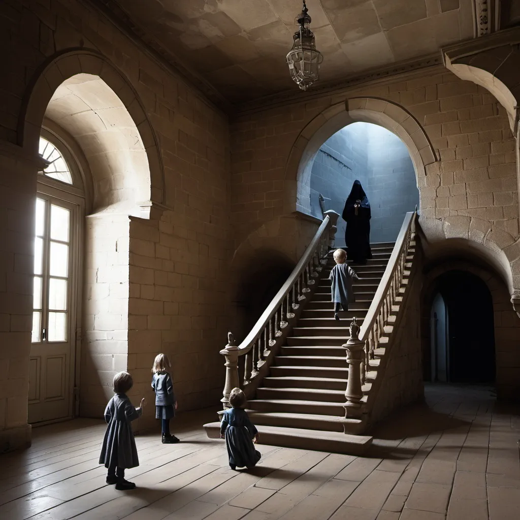 Prompt: Room with big stairs in castle, 2 ghostlike figures and kids playing