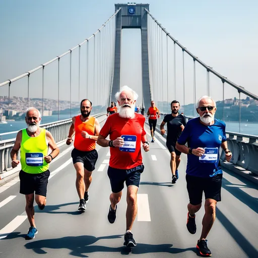 Prompt: Please generate an Instagram post format (1080 x 1080 px) visual depicting a white bearded 70 plus year old man running across the Bosphorus Bridge in İstanbul accompanied by two  Android marathon runners