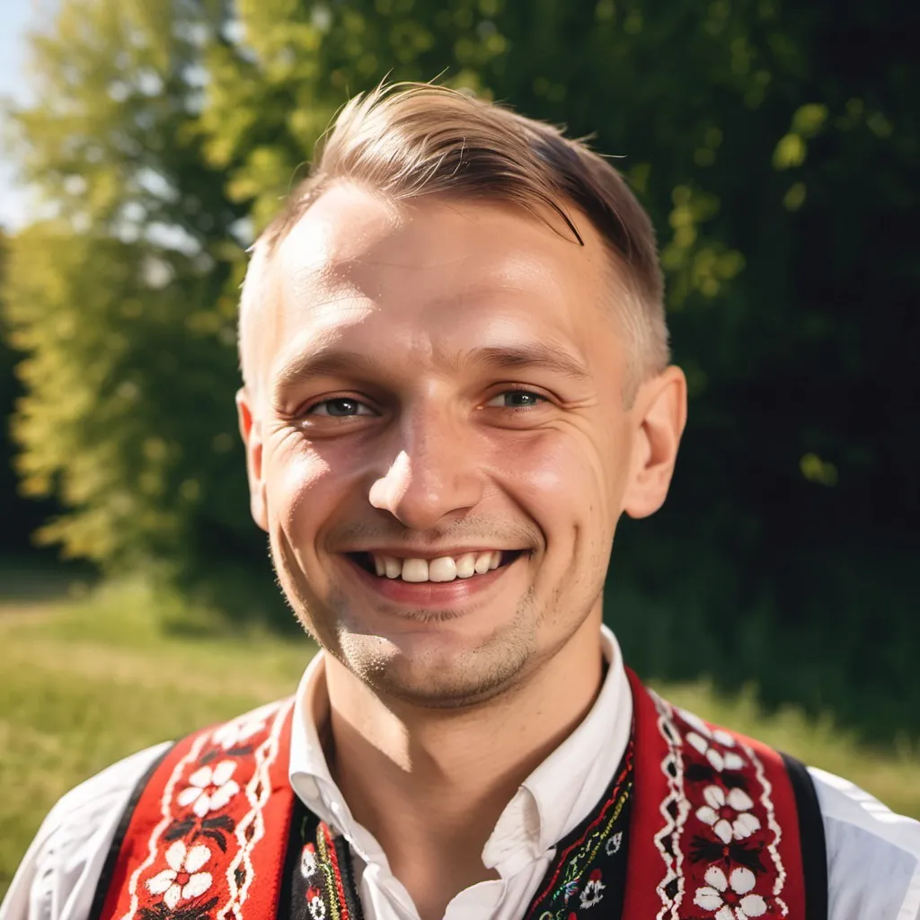 Prompt: smiling polish man in traditional folklore clothing on a sunny day