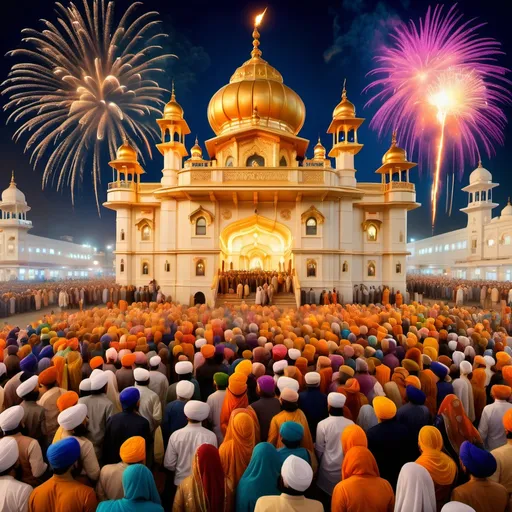 Prompt: A vibrant celebration of Bandi Chhor Divas, with a grand Gurdwara illuminated by hundreds of glowing candles and colorful lights. The scene is lively, showing devotees in traditional Sikh attire offering prayers and gathering in reverence. In the background, fireworks light up the night sky, symbolizing freedom and joy. The architecture is detailed with golden domes and intricate carvings. The atmosphere is warm, filled with festive spirit and devotion."