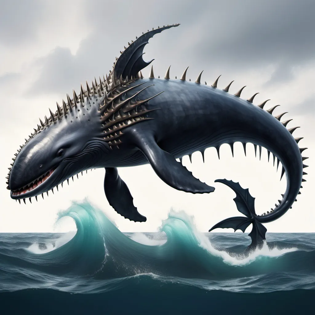 Prompt: A whale that looks like a dragon with spikes on its back and tail and has a long tail