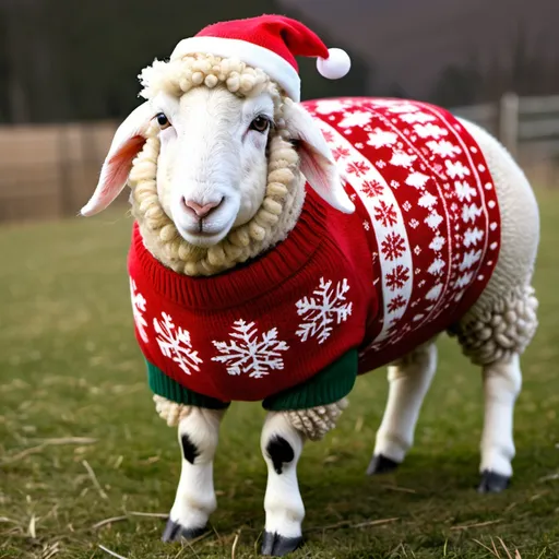 Prompt: Show sheep wearing a christmas sweater