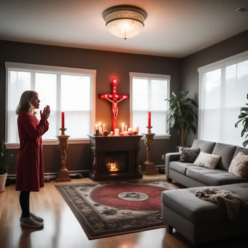 Prompt: A normal looking suburban female homeowner in a open living room is worshipping at a satanic altar.  Her friend is spying on her.