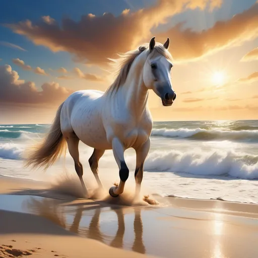 Prompt: (center content: horse on a beach), golden sands, gentle waves crashing, sunlight reflecting off water, (serene atmosphere), vibrant blue sky, warm colors, soft clouds scattered in the distance, ultra-detailed, calming ambiance, natural beauty, peaceful scene, footprints in the sand, wind blowing softly, tranquil coastline, (majestic pose of the horse).