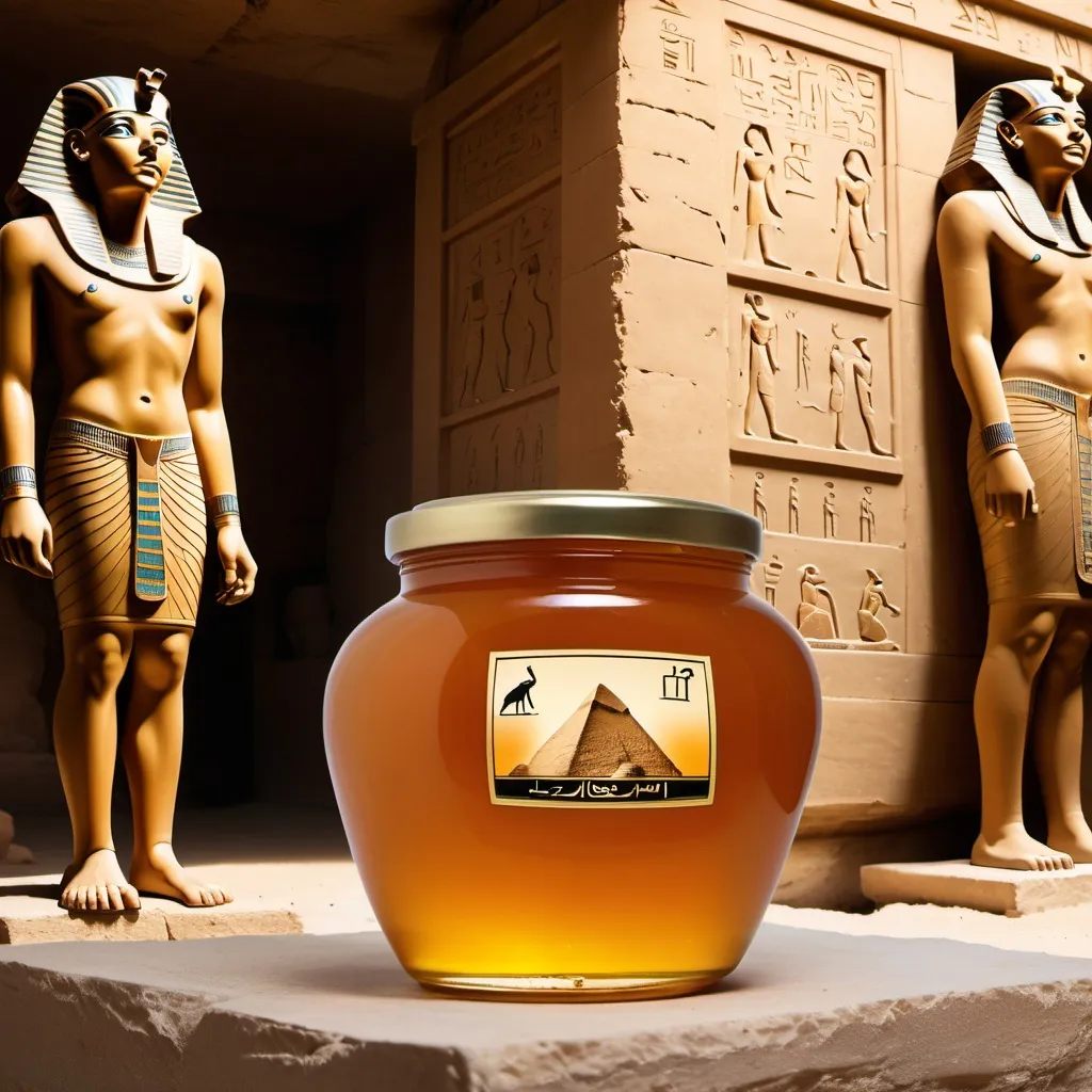 Prompt: A jar of ancient honey next to an Egyptian tomb, with hieroglyphics in the background.