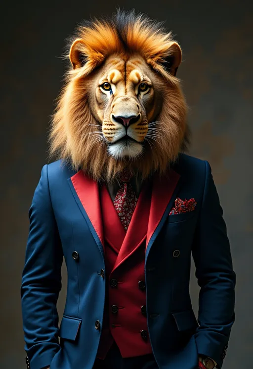 Prompt: animal lion elegant suit blue red