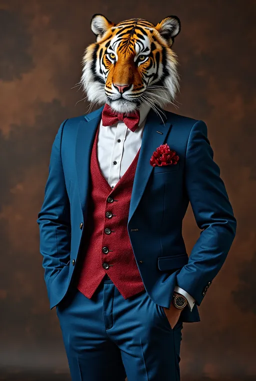 Prompt: animal tiger elegant suit blue red