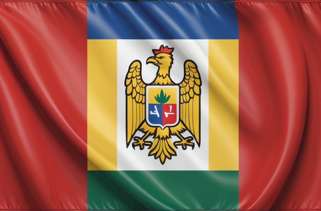 Prompt: A flag with a national symbol that represents the country's heritage and values.	

the country is a union of romania, Bulgaria and Hungary

Color palete
blue, yellow, red ,white, green,