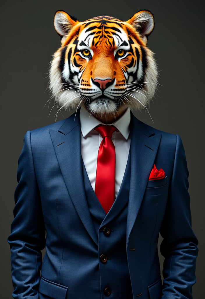 Prompt: animal tiger elegant suit blue red