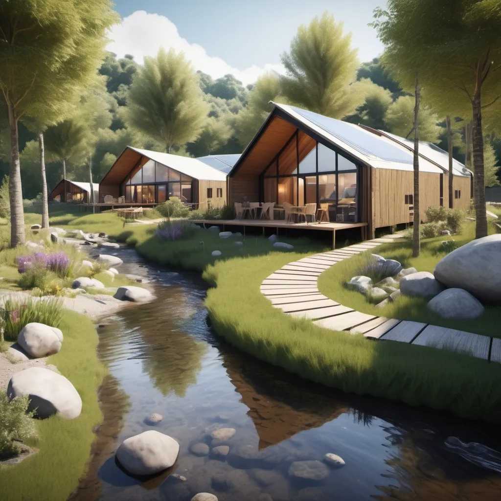 Prompt: generate image: a mini eco resort by a stream with gardens, camping accommodation, game and recreational areas , fishing spots and a building for accommodation, bar and meeting area