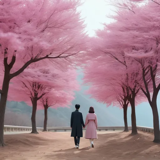 Prompt: K Drama Moment 2 persons in nature with pink trees